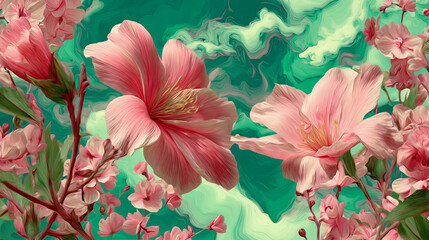 Pink and green surreal floral field