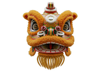 A vibrant lion dance mask is isolated on transparent background