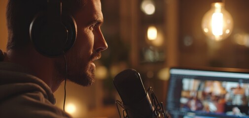 The focused man engaged in online content creation with headphones and microphone.