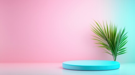 Vibrant Minimalist Studio Scene with Green Plant on Circular Stand and Pastel Background