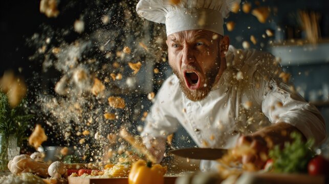 Culinary chaos chef cooking in kitchen food preparation action shot indoor dynamic energy