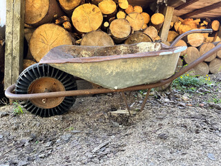 Old wheelbarrow and firewood pile in a rustic outdoor setting.