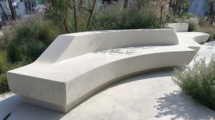 Curved white concrete benches provide a comfortable place to rest in a landscaped city park, promoting relaxation and enjoyment of the urban environment