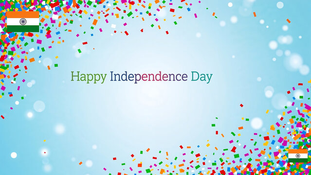 Digital art backgrounds for Indian Independence Day with tri-colour theme, bokeh effect, no humans, and bold "Happy Independence Day" text, ideal for banners and greetings.