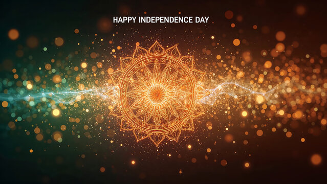 Digital art backgrounds for Indian Independence Day with tri-colour theme, bokeh effect, no humans, and bold "Happy Independence Day" text, ideal for banners and greetings.