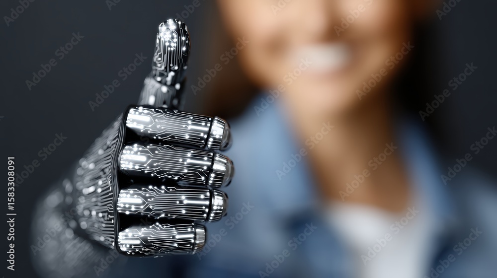 Poster robot hand with circuit pattern showing thumbs up gesture with