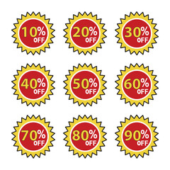 Discount percentage stickers from 10 to 90 off for sales promotion