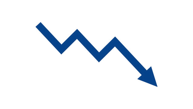 Blue jagged arrow pointing down indicating a sharp decline isolated on transparent background