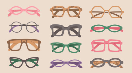 Different eyeglasses set. Stylish women accessories. Vector illustrations. Hand-drawn design elements. Fashion eyewear
