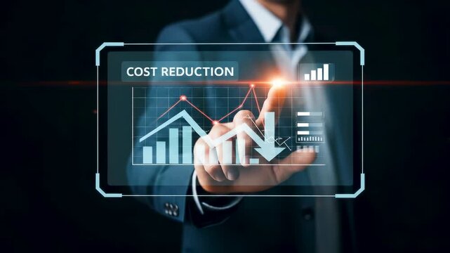 Businessman interacts with a holographic screen showing a cost reduction graph and downward arrow, symbolizing financial strategy, budgeting, and expense control.