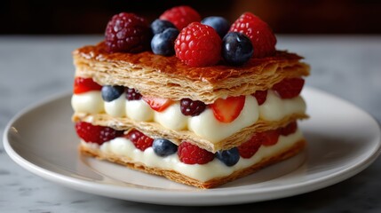 Flaky layered pastry dessert with fresh berries and creamy filling