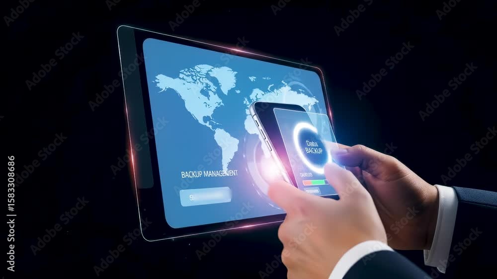 Aufkleber hand of businessman using futuristic smartphone screen with holographic interface for online data st