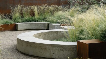 Ornamental grasses swaying softly beside concrete geometric shapes, blending organic movement with modern landscape design and minimalist garden aesthetic