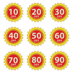 Set of Discount Stickers with Percentages from 10 to 90 Percent Off