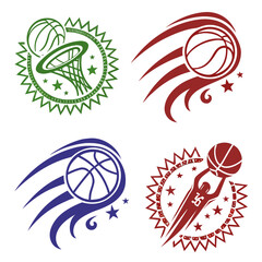Basketball sport emblems with balls hoops and players vector