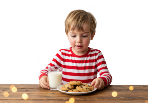 A young boy in pajamas enjoys milk and cookies isolated on transparent background