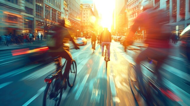 Cyclists Commuting Through City at Sunset. This image features cycling, bike, bicycle, commute, and more, offering a clear depiction of