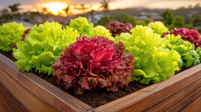 Fresh green and red lettuce growing in wooden garden bed at sunset