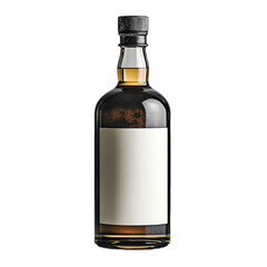 Front view of a vintage-style gin bottle with a white blank label, studio shot, isolated on a white transparent background.