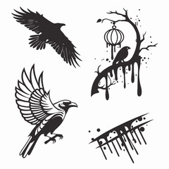 Black bird flying with wings spread on white background vector