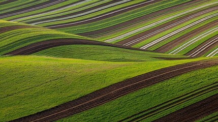 Gentle agricultural slopes displaying verdant crops and bare soil forming striped patterns, revealing textural contrasts of cultivated farmland under soft lighting