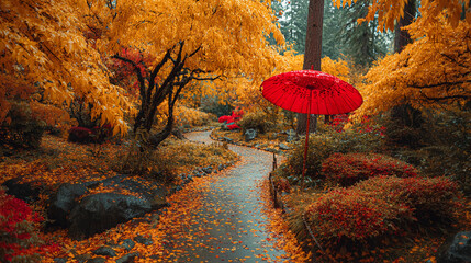 Red umbrella in golden-leaf path