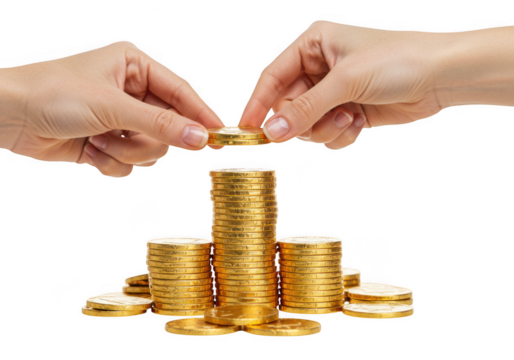 Hands stack gold coins on a transparent background, symbolizing wealth