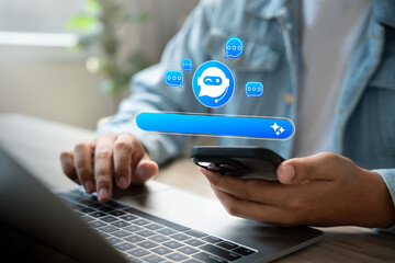 Businessman interacts with generative AI interface using prompt input to create content,Visuals, innovative ideas. Advanced technology, artificial intelligence,Creativity tools in digital work.