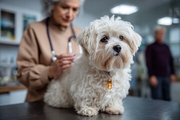 Fluffy dog receiving vaccination in a warm veterinary office filled with care and compassion