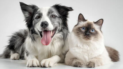 Obraz premium Photorealistic portrait of happy border collie dog and fluffy ragdoll cat sitting together against neutral background, showcasing their friendly companionship