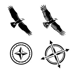 Black eagles soaring and compass symbols bird flying