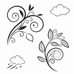 Black floral swirls and clouds leaves rain