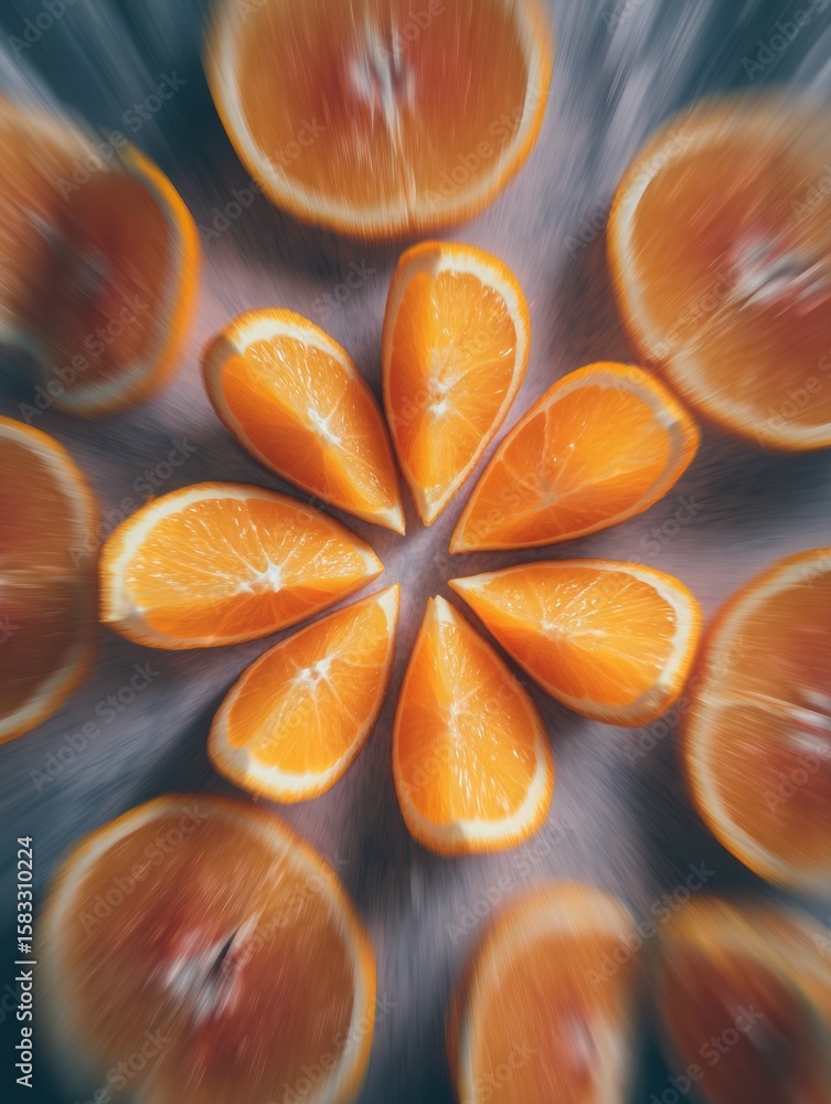 Poster sliced oranges create a vibrant mandala effect with motion blur in a symmetrical design and free spa