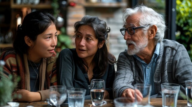 Family Conversation at Restaurant Table. This image features family, conversation, talking, restaurant, and more, offering a clear depiction of family