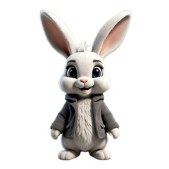 Cute cartoon white bunny rabbit wearing a grey jacket isolated on transparent background