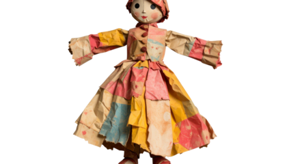 3d creased crumpled paper doll colorfull toy old vinatge style paper grunge texture isolated on transparent background vibrant and real texture decorative element