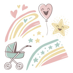 Baby stroller rainbow star balloon hearts vector