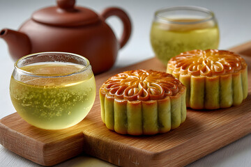 matcha-flavored Mooncake traditional Chinese pastry served with hot green tea for Mid Autumn festival celebration. 
