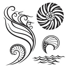 Black tribal swirls and nautilus shell patterns white