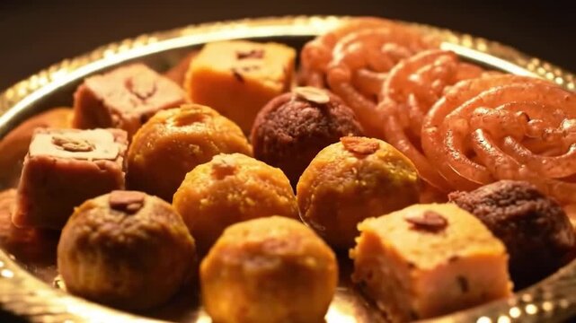 Golden plate holds assorted Indian sweets laddus, barfi, and jalebi