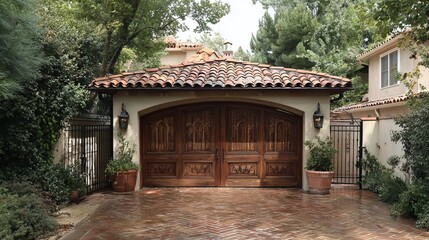 Naklejka premium Charming wooden garage doors framed by lush greenery in a tranquil suburban setting.