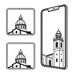 Church dome and tower icons on smartphone screen building architecture