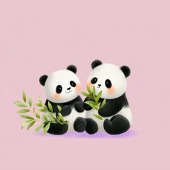 Fototapeta premium Two adorable pandas enjoying bamboo on a pink background
