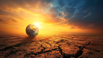 A parched Earth, cracked and desolate, with a glowing globe at sunset, symbolizing climate change.