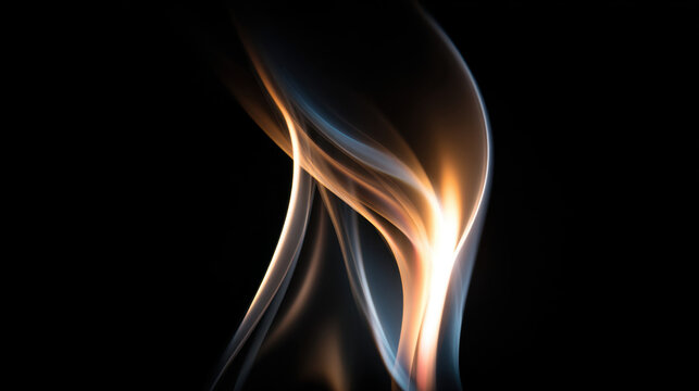 Curving glowing smoke trails intertwine with orange and blue light effects creating an abstract dynamic flow pattern against a black background with smooth gradients and soft edges - Powered by Adobe