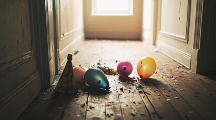 deflated balloons and party hat scattered in empty hallway filled with confetti and backlit by soft window light show concept of post holiday emptiness and silence, lifestyle, event decor