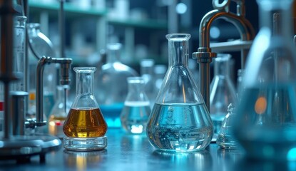 Glass laboratory flasks filled with colorful chemical liquids on a lab table. Ideal for science, chemistry, education, biotech, and pharmaceutical projects