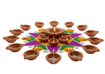 Diwali rangoli with oil lamps isolated on transparent background