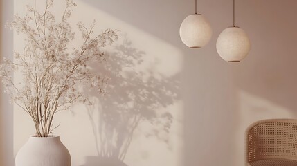 Light-filled room with subtle shadows and dried flowers