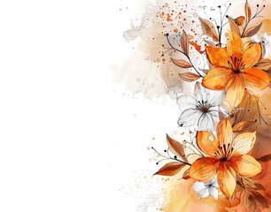 Watercolor Orange Floral Background with Copy Space, Flower Graphic Design for Invitations